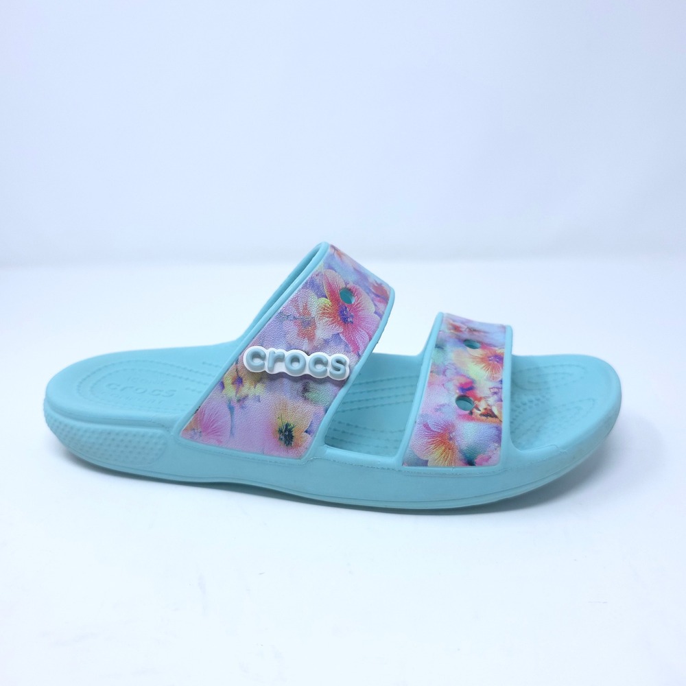 Crocs Classic Sandal Light Blue Floral Print Slides Womens 9 Mens 7